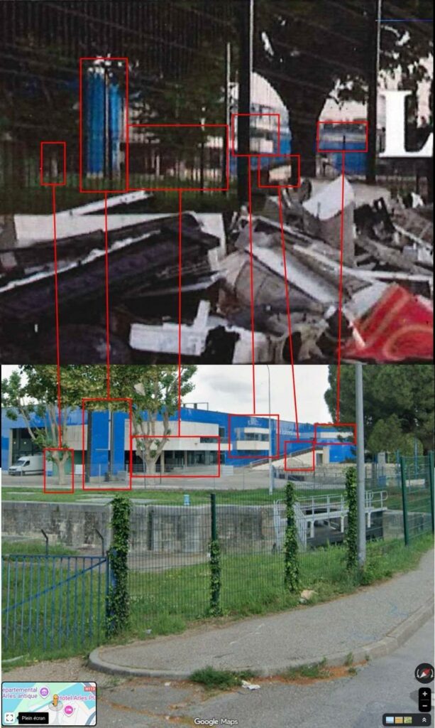 Correspondance entre le bâtiment visible en arrière-plan de la photo utilisée par La Provence et un bâtiment situé dans la ville d'Arles apparaissant dans Google Street View.